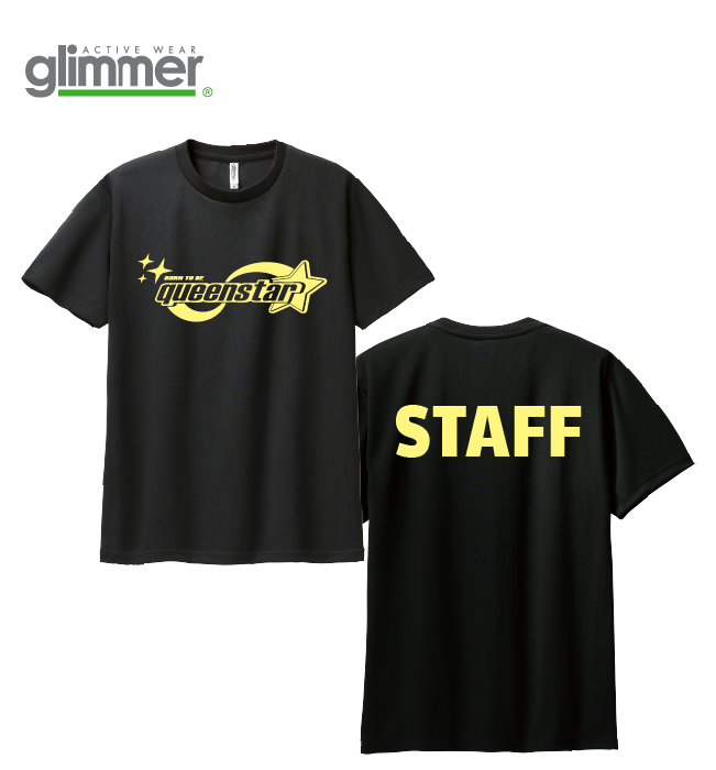イベントスタッフ用オリジナルTシャツのイメージ（ブラックのドライTシャツに、前面ロゴと背面「STAFF」をパステルイエローで両面プリント）