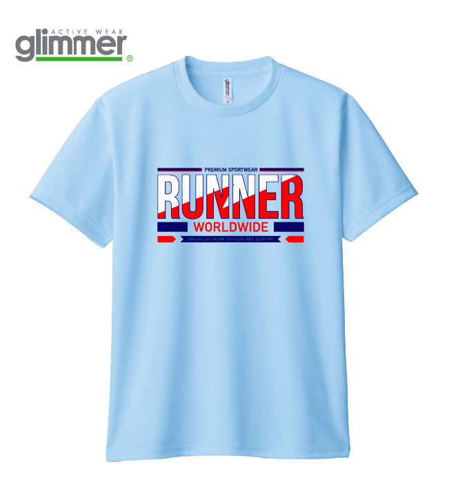 大会・参加賞用オリジナルTシャツのイメージ（ライトブルーのドライTシャツに、大会ロゴをフルカラー転写（DTF）の中サイズで前面にプリント）