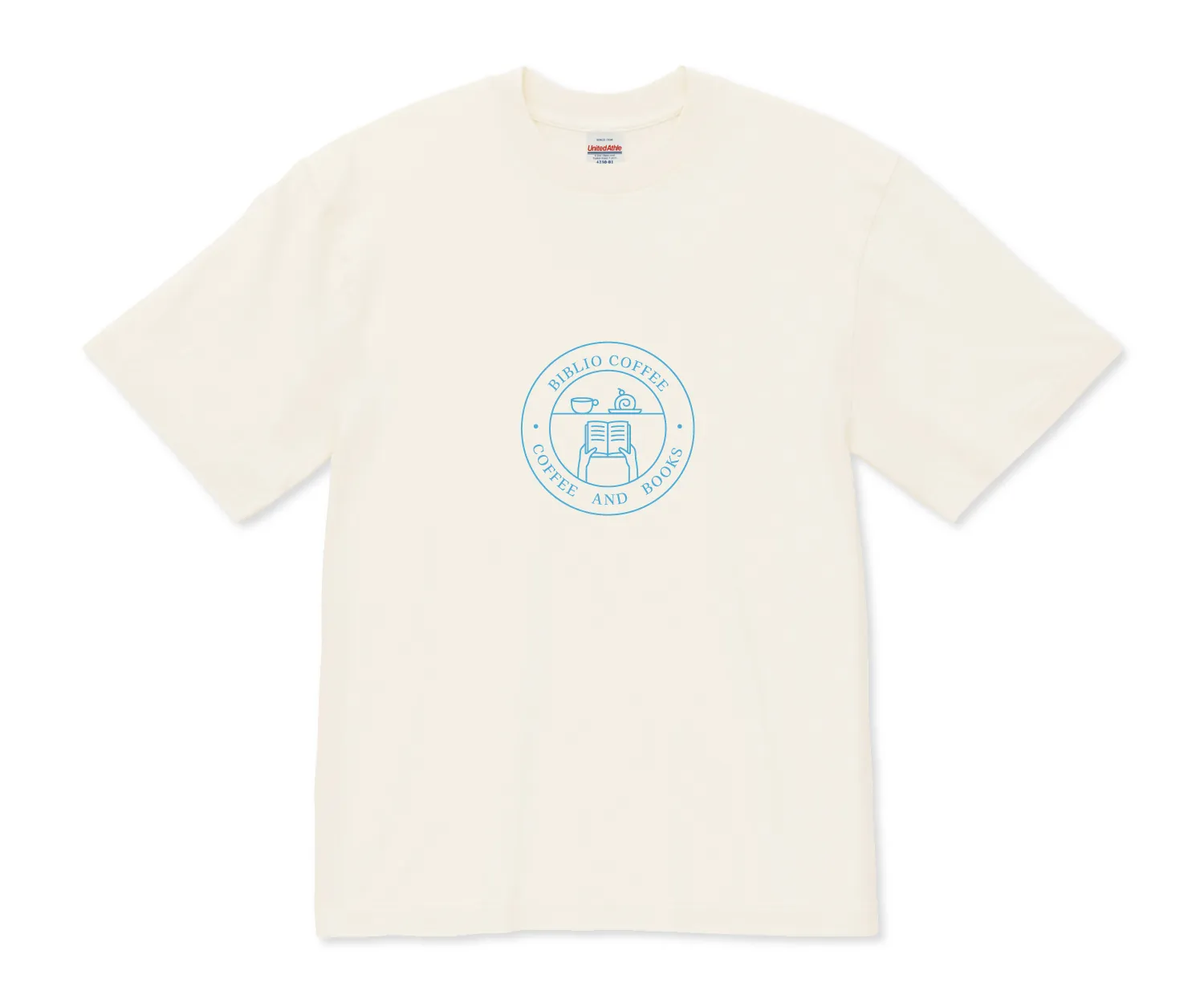 フェードホワイトのTシャツに前面1カ所円形エンブレムをサックスでプリントしたデザイン例