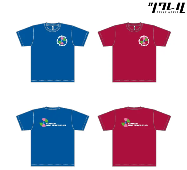 ロイヤルブルーとガーネットレッドのこまちミニテニスクラブTシャツデザイン