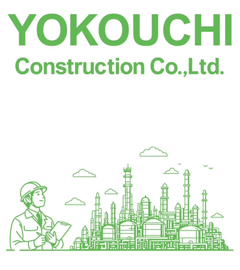 背面の社名と、作業員・プラントの街並みを描いたライン画のプリントデザイン