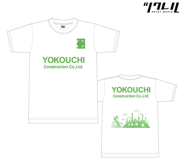 社名とロゴマーク、作業員・プラントのライン画を入れたライムグリーンのTシャツデザイン（前面・背面）